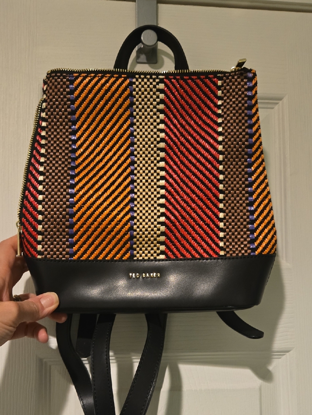 Ted Baker Striped Woven Leather-Trim Backpack in Red, Orange and Cream